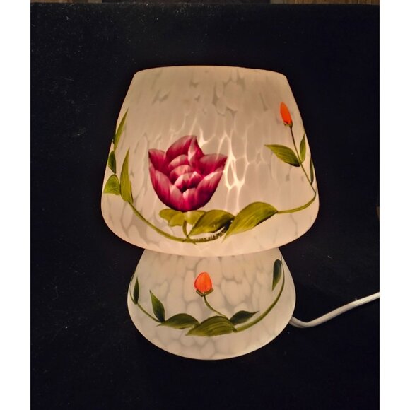 Hand-Painted Floral Frosted Glass Table Lamp With Corded Switch - Picture 2 of 9